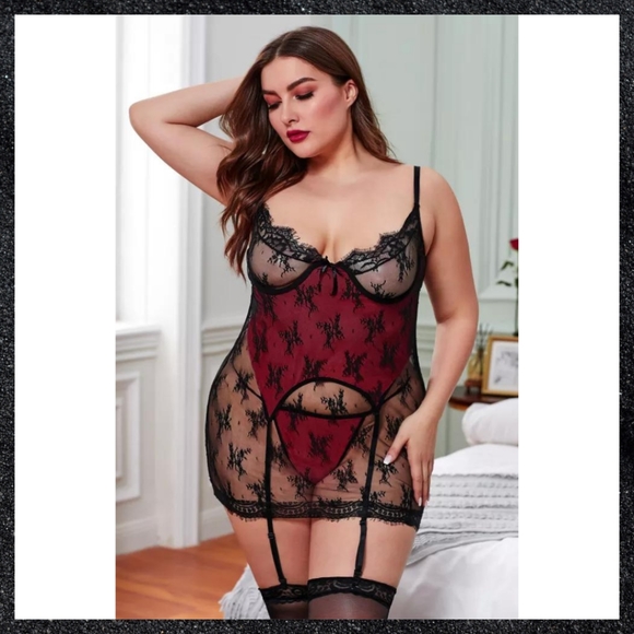 Red & Black Lace Layered Garter Chemise Dress Plus Size - Picture 2 of 11